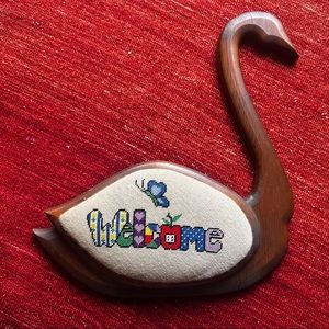 Vintage 60’s swan welcome cross stitch wooden wall hanging cottagecore sign